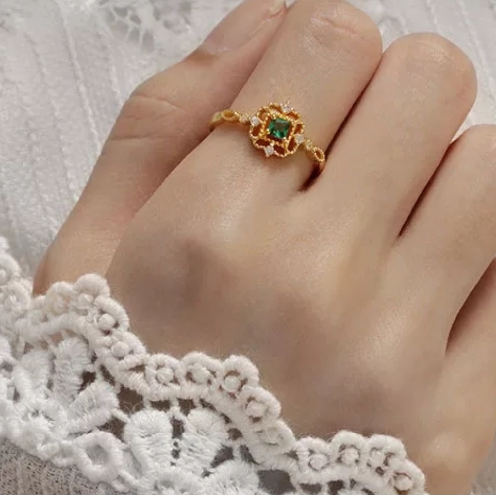 NEW Handmade Lace 14k Gold Filled Diamond Emerald Milgraine Adjustable Ring - Picture 7 of 16